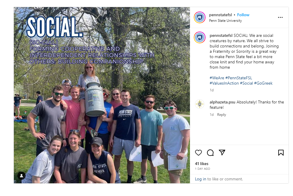 AZ Featured on Penn State’s Office of Fraternity & Sorority Life Instagram
